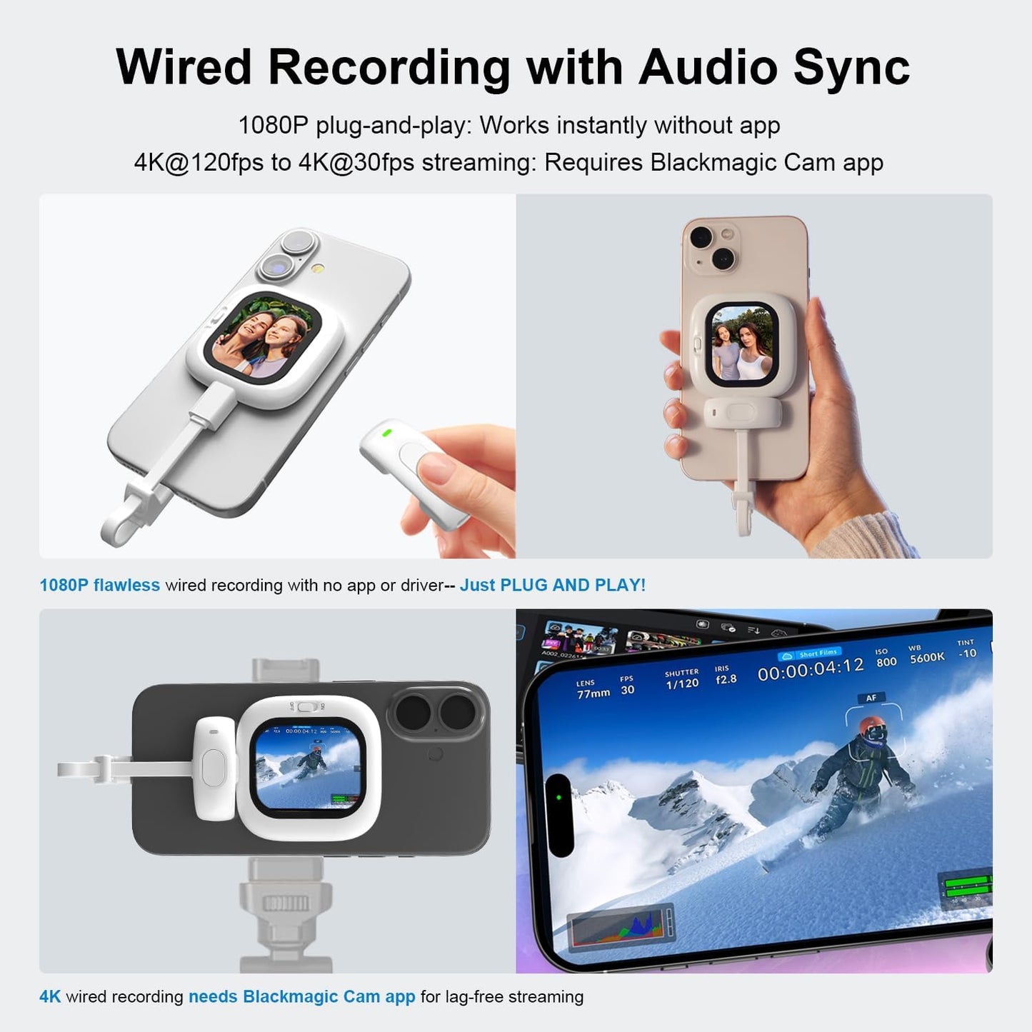 Magnetic AMOLED Selfie Monitor for iPhone – Wired Rear Camera Display with Bluetooth Shutter & Dual Cable Support (iPhone 5–16)