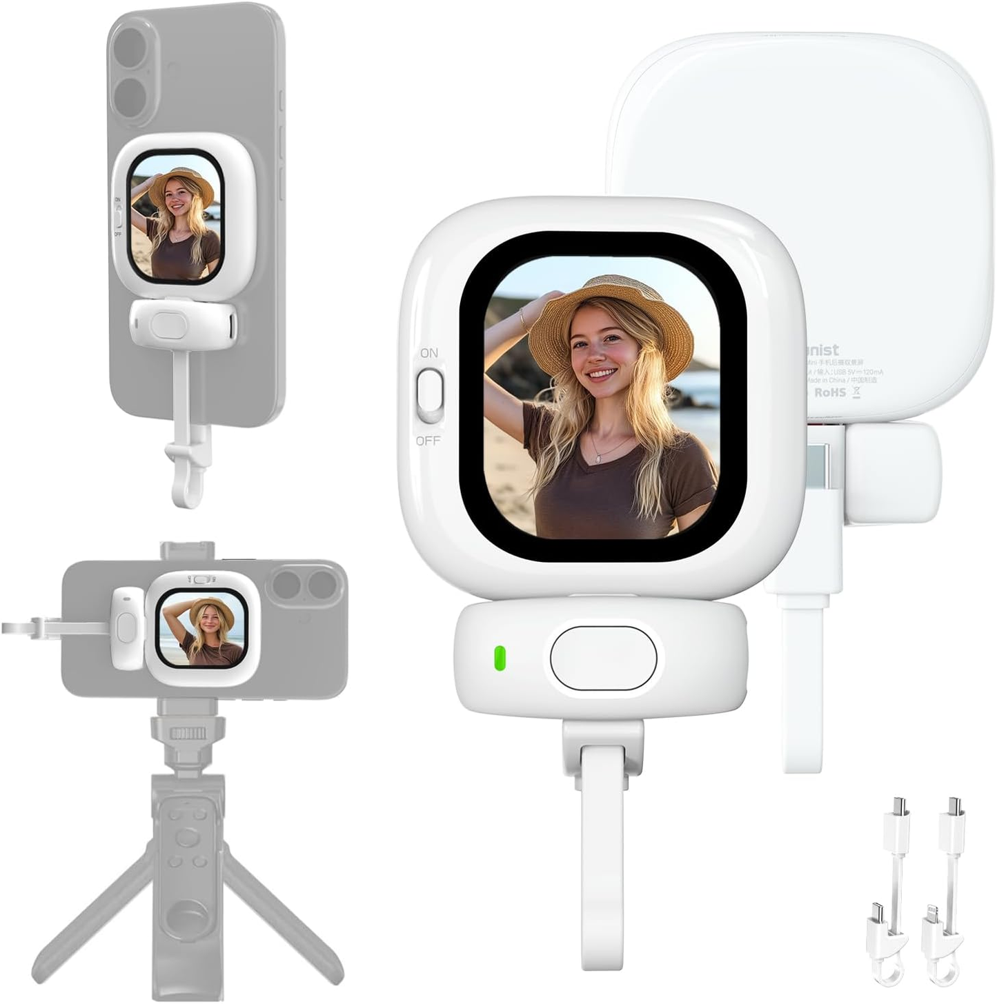 Magnetic AMOLED Selfie Monitor for iPhone – Wired Rear Camera Display with Bluetooth Shutter & Dual Cable Support (iPhone 5–16)