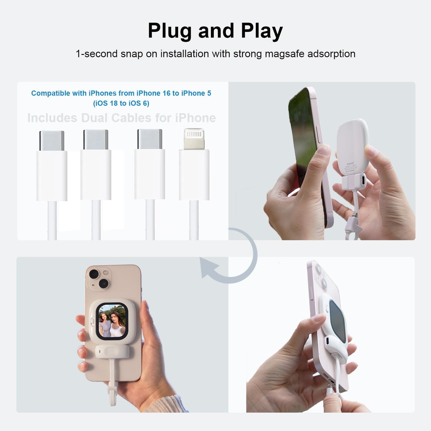 Magnetic AMOLED Selfie Monitor for iPhone – Wired Rear Camera Display with Bluetooth Shutter & Dual Cable Support (iPhone 5–16)