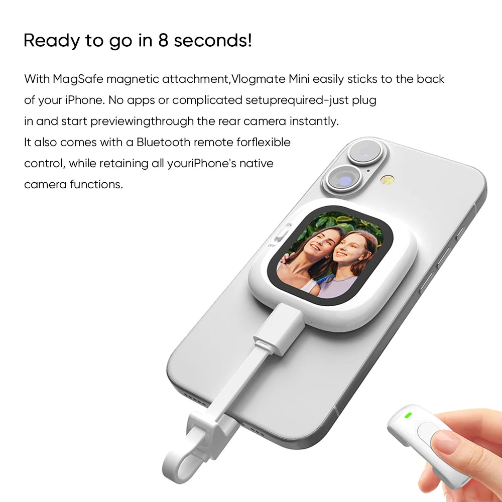 Magnetic AMOLED Selfie Monitor for iPhone – Wired Rear Camera Display with Bluetooth Shutter & Dual Cable Support (iPhone 5–16)
