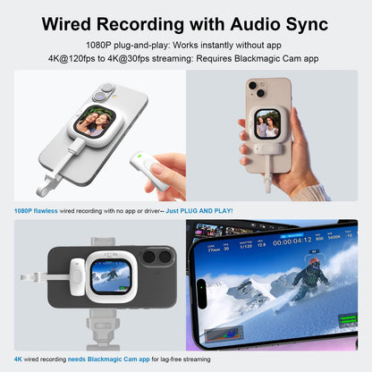 Magnetic AMOLED Selfie Monitor for iPhone – Wired Rear Camera Display with Bluetooth Shutter & Dual Cable Support (iPhone 5–16)